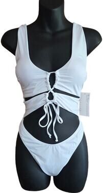 Womens Sexy Lace Up Backless Thong Swimsuit One Piece Bathing Suit White XL NEW